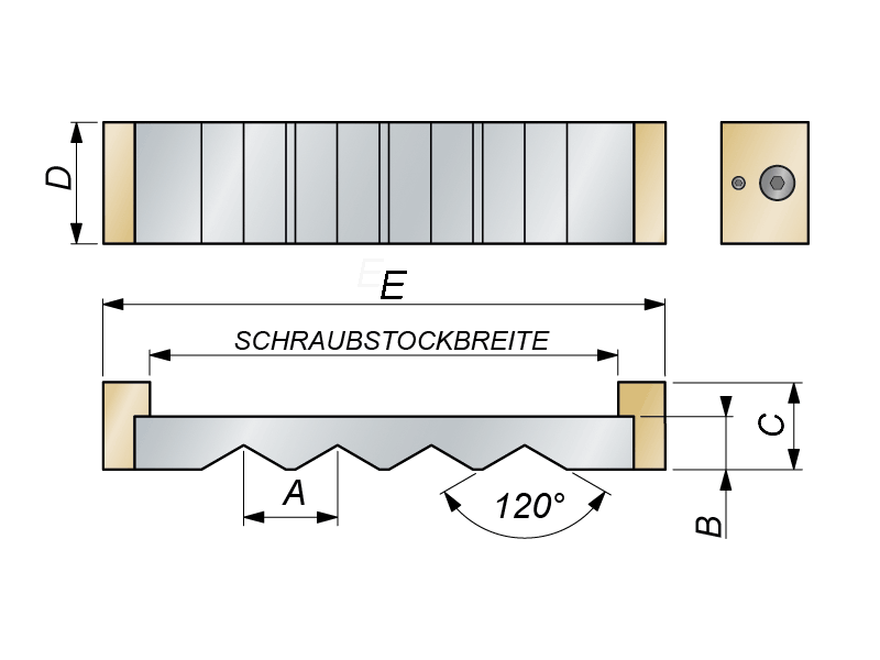 Anlage-Prismenbacken zum FORCE Kraftverteiler.<br />
Spannen von Konturen, Formen und mehreren Werkstücken im Schraubstock oder in der Vorrichtung nach anpassen. Runde, krumme, konische oder geformte Werkstücke einfach sicher spannen.<br />
Die mehrfach Prismenbacken dienen zur Anlage der Werkstücke am Festen Backen im Schraubstock. Bevorzugt werden Prismenbacken zur Mehrfachspannungen in Ergänzung mit dem Kraftverteiler Force eingesetzt. Der Force Kraftverteiler syncronisiert Differenzen der Werkstückstärken, Dicken aus. Der Kraftverteiler spannt jedes einzelne Werkstück individuell mit einem der Druckkolben oder mit dem Aufschraubdruckstück das mehrere Druckstücke mit einander verbindet.<br />
Mitteles der Druckstücke wird die Spannkraft auf jedes einzelne Werkstück enorm erhöht. Desweitern können je nach Anforderung in die Druckstücke Konturen und Formen eingefräst werden um die Möglichkeiten der Mehrfachspannung sowie der Induviduellen erweitern.<br />
Bevorzugt werden die mehrfach Prismenbacken auf Schraubstöcken bis 200mm Backenbreite. Die Prisembacken werden mittels demontage der seitlichen Backen auch auf Vorrichtungen angewandt um die Wertschöpfung zu erweitern.<br />
Diese mehrfach Prismenbacken in Verbindung des Force Kraftverteiler steigert Ihre Fertigung erheblich.