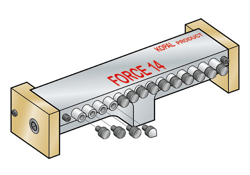 Kraftverteiler Force u. deren Anwendungen. Spannen auf allen gängigen Schraubstöcken von 100-200mm Backenbreite. Mittels multipler Spannpunkte/Spannbolzen ermöglicht es wellige, krumme Werkstücke aus Guss, Aluguss zu spannen / fixieren. Viele Spannbolzen je nach Spannbackenbreite ermöglichen ein kräftiges, effizientes Spannen ihrer Werkstücke. Force Hydraulische Ausgleichsbacken, Spannung einer Serie von zylindrischen Teilen mit gleichen oder ungleichen Durchmessern Rohteile, Gussteile mit ungleicher, rauher Oberflächen spannen mittels dem gleichmäßingen Druck der Druckkolben auf die unregelmäßig geformten Spannflächen Einzelteile u. Serien sicher spannen von mehreren ungleichen, gleichen Werkstückstärken im Schraubstock möglich. Die Spannkolben der Ausgleichsbacken sind permanent untereinander durch einen geschlossenen Hydraulik Kreis verbunden. Differenzen, Unterschiede zum Werkstück vom beweglichen Schraubstockbacken zu unterschiedlichen, geformten, ungleichen Werkstücken ausgleichen. Kraftverteiler, Differenzen, Unterschiede zu Werkstücken im NC Schraubstock zu unterschiedlichen, geformten, ungleichen Werkstücken ausgleichen. Force Ausgleichsbacken mit Wechsel-Einsätze im Schraubstock oder auf Vorrichtungen. Einfach auf den beweglichen Backen des Schraubstocks aufsetzen und mit den seitlichen Mattenschrauben in der Position sichern. Die Kraft, der Hub erfolgt über den beweglichen Backen des Schraubstockes. Nach Kontaktaufnahme der Druckbolzen syncronisieren diese unterschiede des geschlossene System im Force Kraftverteiler aus. Der bewegliche Backen Force wird mit glatten Wechseleinsätze geliefert. Als Option können je nach Anwendung die glatten Einsätze mit balligen, geriffelten oder spitzen Einstätze mittels des M4 Gewindes gewechselt werden.