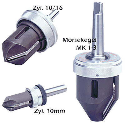 KOPAL Rohrentgrater, Rohre Innen mit einstellbarer Fasen-Tiefe entgraten. Innen Rohre, Durchbrüche entgraten, die Fasen mittels einstellbaren Tiefenanschlag wiederholgenau fasenfräsen. Die Senkung erfolgt Grat und ratterfrei mittels zentrisch geführten Kegel in der Bohrung oder Druchbrüchen. Der federnde Führungskegel schiebt siche nach dem zentrieren in der Bohrung mittels Druck auf das Werkzeugzeug zurück und das Messer wird nach vorne frei und schält eine präzise Fase geführt. Innen Bohrungen, Druchbrüche, Vielecke die Kanten Fasenfräsen, Polygonale Bohrungen innen fasen, entgraten. Innen Rohre, Bohrungen, Polygonale Bohrungen Innenfasen mittels des Innen-Führungskegels, der eine konzentrische Fase gewährt. Symmetrische Innenfasen mit optimalen Standzeiten auch bei unterbrochenen Schnitten. Die einstellbare Fasentiefe ist zigfach reproduzierbar. Innen-Fasenfräsen von Rohren, Vielkant mit einstellbarer Fasentiefe. Entgratwerkzeuge zum Innen-Fasenfräsen sind in den Spitzenwinkel 60°, 90°, 82° und 120° lieferbar. Fasenfräsen, senken mit Führungkegel gewährt eine konstant eingestellte Konzentrische Fasenbreiten. Fasenfräsen von Bohrungen, Vierkant, Sechskant, Vielkanten wie auch Rundmaterial. Einfaches wechseln der Messer sowie selbst nachschärfbar mit hohen Standzeiten. Optimales Frasenfräsen von unterbrochenen Schnitten bei guter Oberflächenqualität. Die Kanten werden gleichmäßig gebrochen mittels führen im Führungskegel. Entgratwerkzeuge zum Fasenfräsen bieten die Adaption zu der Antriebsspindel mit Weldon, Zylindrich oder MK 1, MK 2 sowie MK 3. Das Anwenden von Schneidöl erhöht oft die Standzeiten enorm. Die wechselbaren Ersatzmesser, sind für die meisten Typen zum wenden beidseitig geschliffen , ausser für das kleine Model 2-18 mit einer Schneide. Ersatzmesser für die Rohrentgrater werden mit einem Spanwinkel 0°, 14°, 20° sowie 25° angeboten, je nach dem zu bearbeitenden Material.